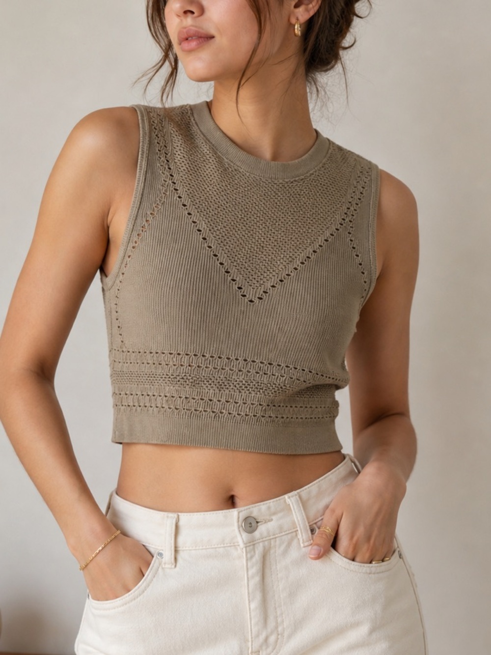 Forever 21 Taupe Knit Crop Tank Top Sleeveless Textured Boho Neutral Medium